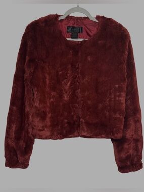 Kardashian Kollection Burgundy Women’s Faux Fur Cropped Jacket, Sz L. NWOT